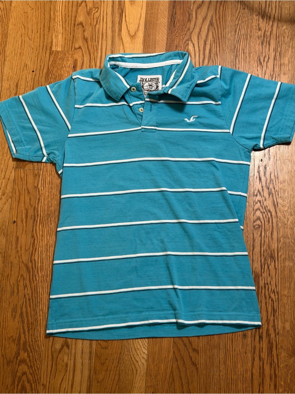 Vintage Y2K Hollister Surf Shop Striped Polo Shirt Turquoise Blue L